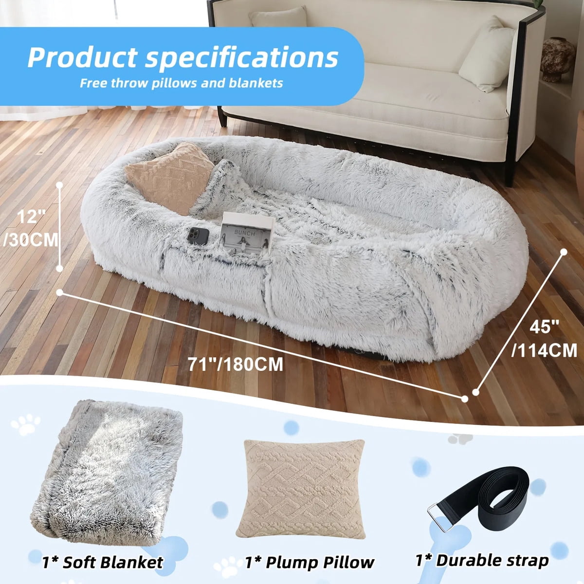 Human Size Dog Bed for Adults & Pets, Washable Faux Fur Orthopedic Napping Bed with Pillow Blanket Strap for Cozy Relaxation