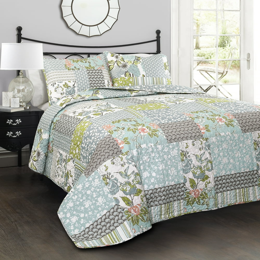 Lush Decor Roesser Floral Cotton Reversible Quilt, Full/Queen, Blue, 3