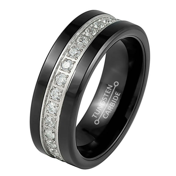 Jewelry Avalanche CZ Eternity Mens Wedding Band, Black Tungsten Carbide, Pipe Cut, Comfort Fit, 8MM