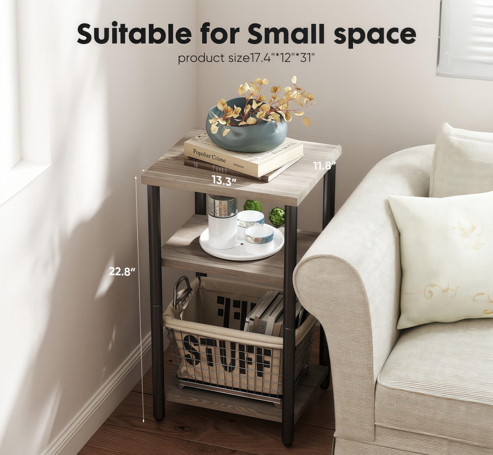 Kelno 3-Tier Nightstand Small End Table with Open Storage Shelf and Adjustable Feet, Gray