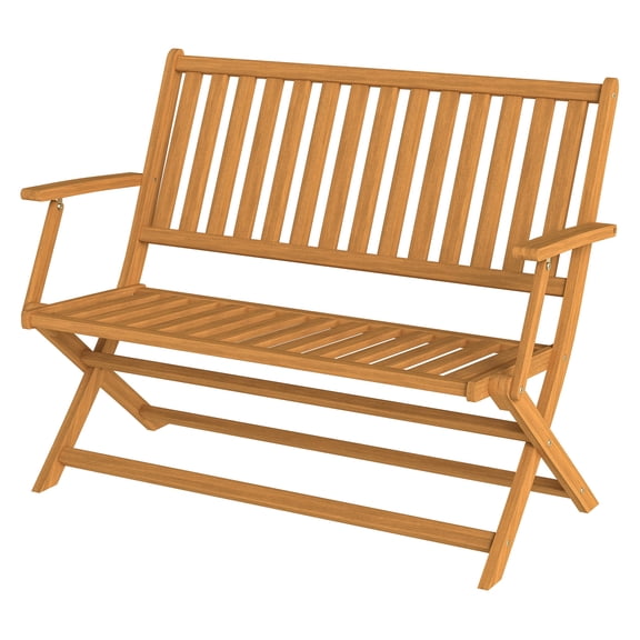 Acacia Wood Outdoor Bench - 2 Person Foldable Garden Bench with Backrest & Armrests - Teak Finish - Patio, Porch, Park