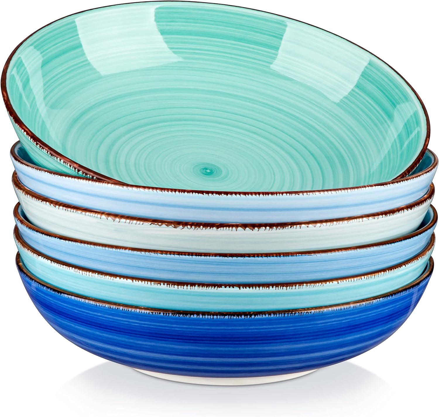 Bonita Pasta Bowls Set of 6, 38 oz Shallow Bowls, Ceramic Pasta Plates and Salad Bowls, Microwave & Dishwasher Safe Serving Bowls, Blue