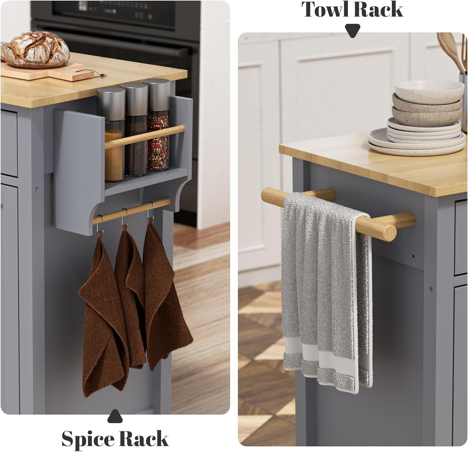 ZIVACATE Kitchen Island on Wheels 54in Rolling Cart with wood Top Spice Towel Rack Drawers, Grey