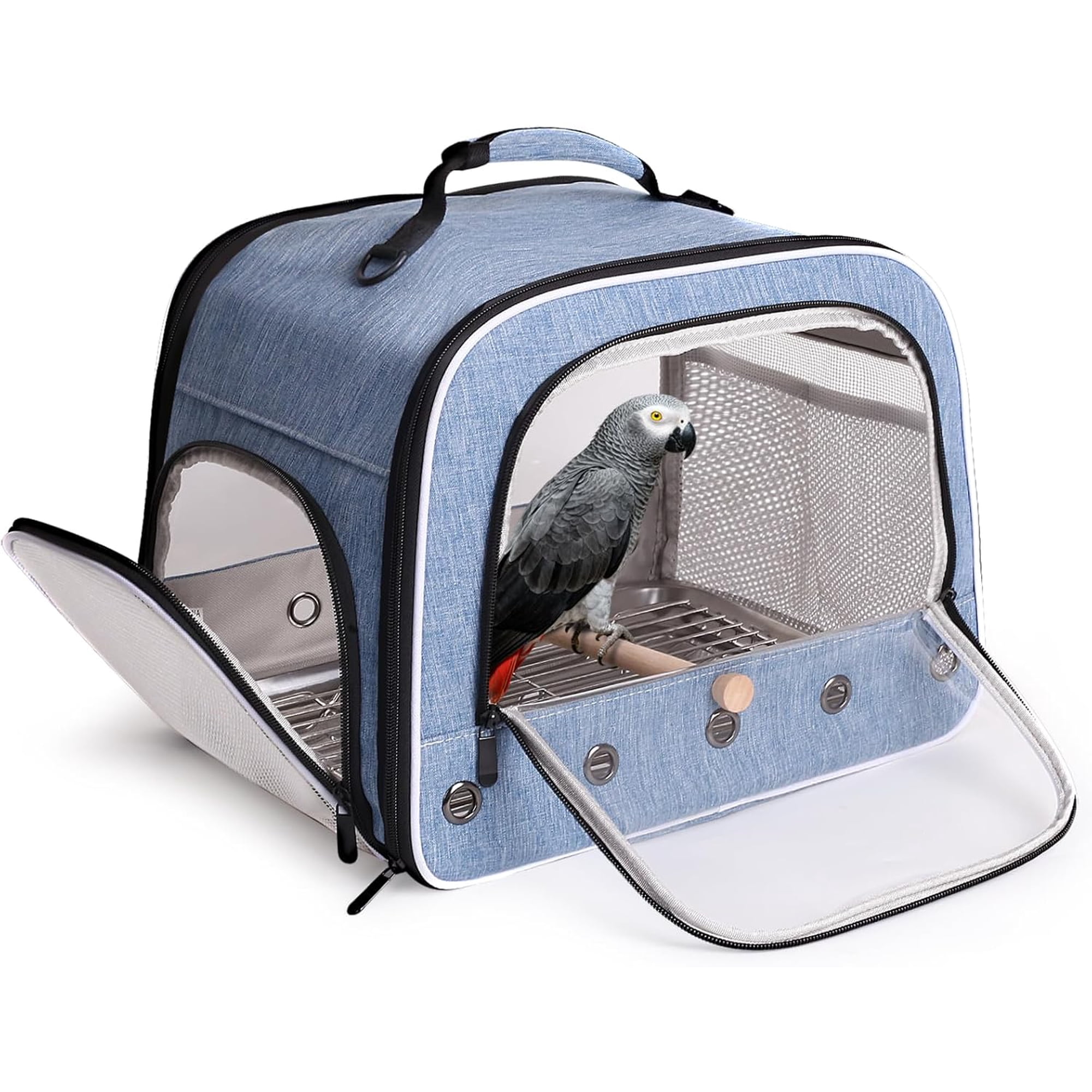 Bird Travel Carrier Cage for Large Size Parrot, Portable Bag with Metal Tray and Grate to Carry and Transport Medium and Large Birds Like African Grey, Long Tail Cockatiel and Parrot