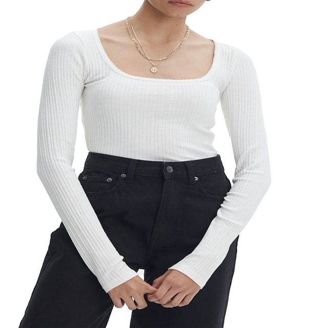 Womens Solid Color Ribbed Tops Long Sleeve Lace Trim Scoop Neck Slim Fit T-Shirts Dressy Blouses M