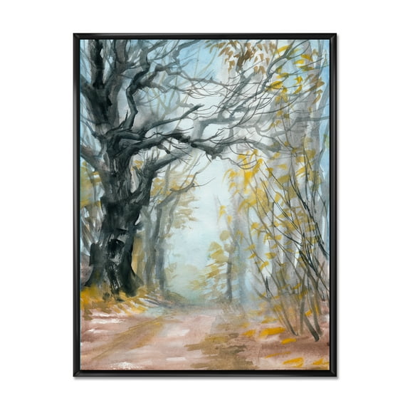 Autumn in Misty Forest 12 in x 20 in Framed Painting Canvas Art Print, by Designart