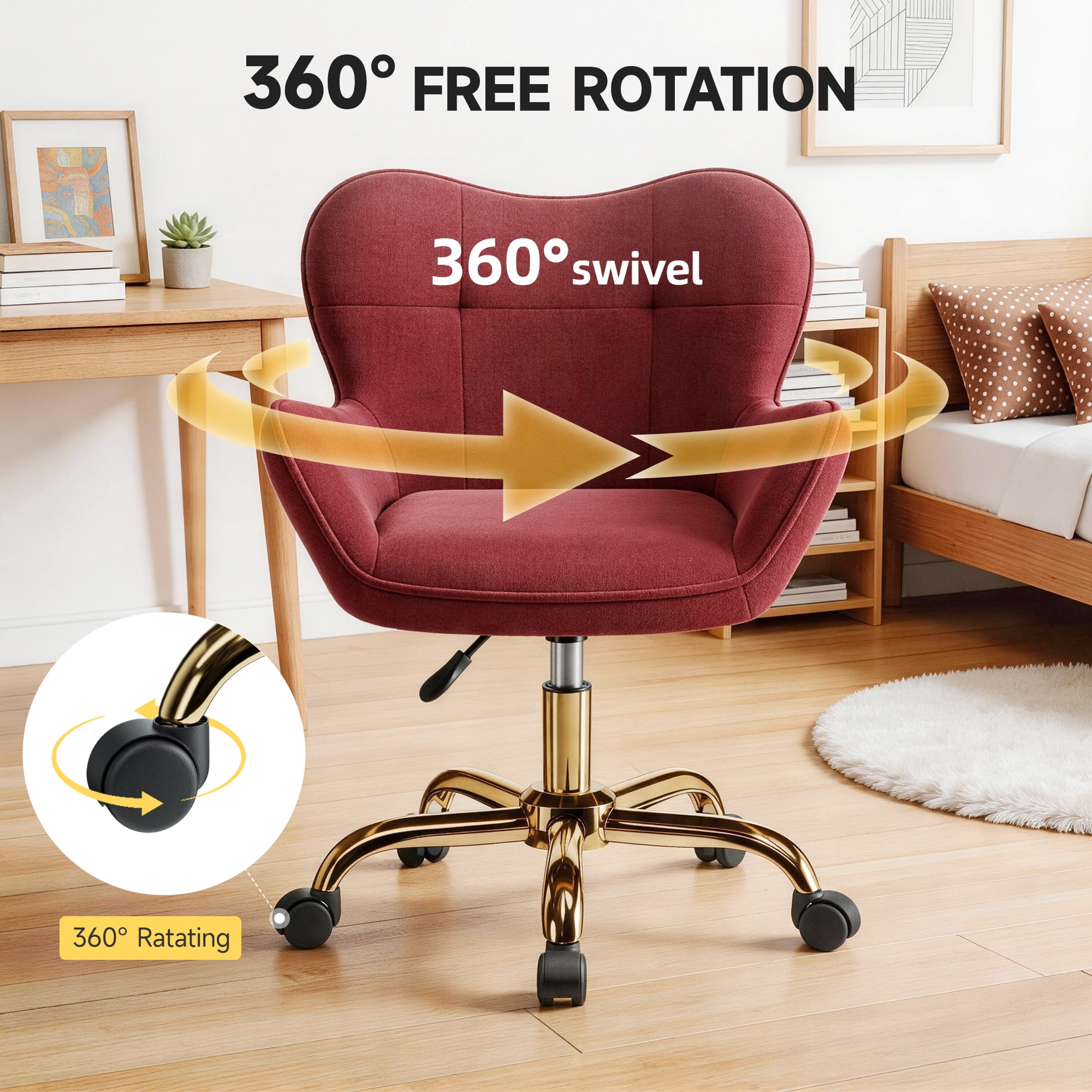 COOHUT Velvet Vanity Chair, Mackup Chair with Wheels, Comfy Swivel Modern Leisure Armchair for Girls Women, Small Office Chair Height Adjustable for Living Room, Bedroom, Offic, Rose Red