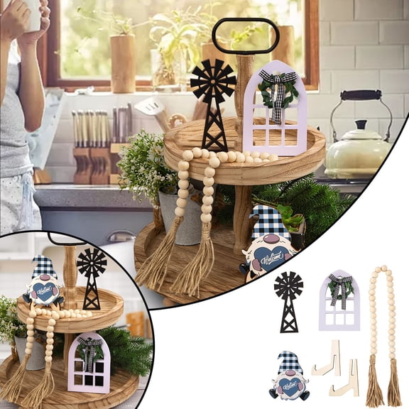 Xloro Farmhouse Tiered Tray Decor Set Rustic Wooden Tabletop Display with Figurines & Home Sign for Farmhouse Home Decor Kitchen Counter or Entryway Centerpiece (1Set)