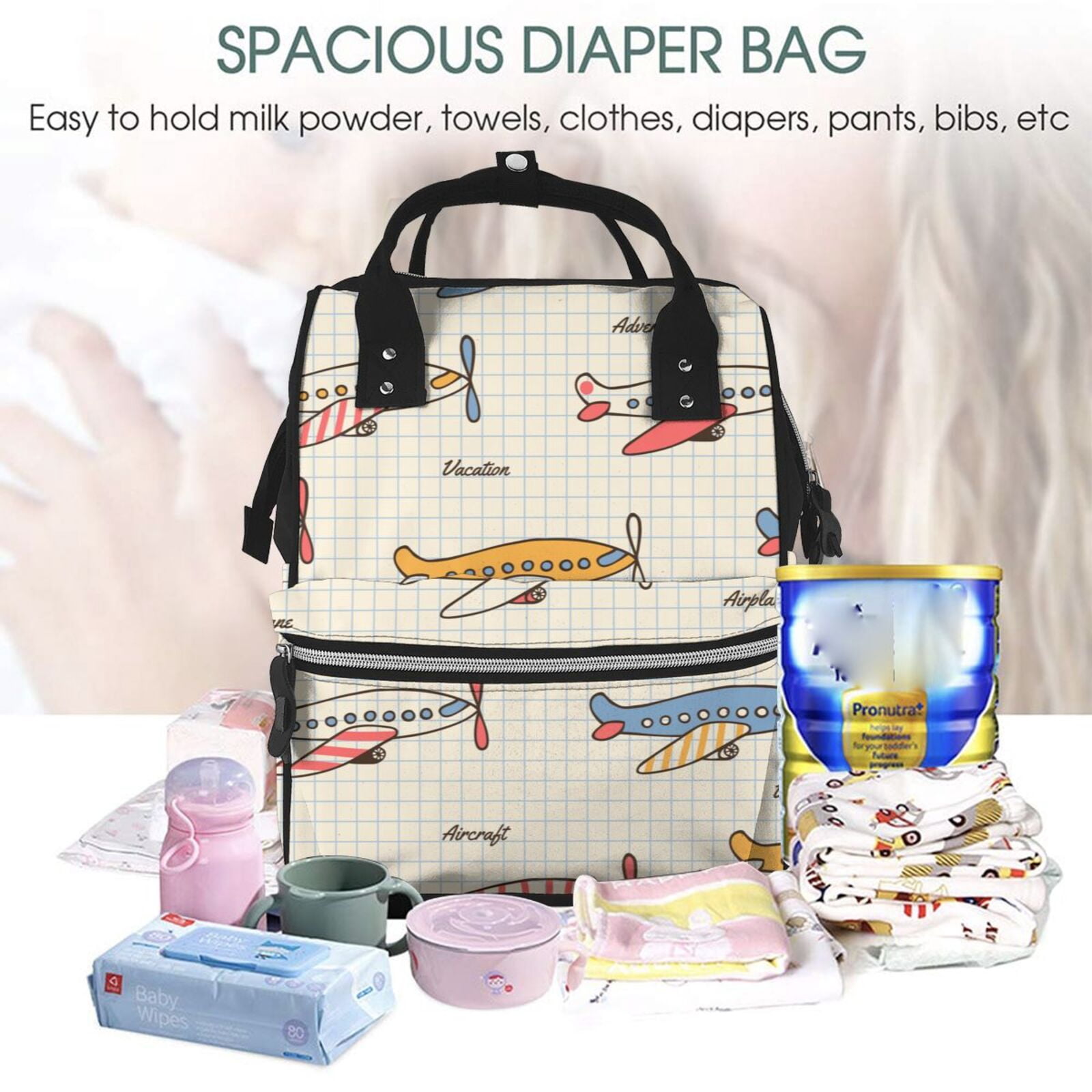 Fuzoiu Striped Vintage Planes Print Diaper Bag Backpack,Baby Essentials Travel Tote,Multi function Waterproof Diaper Bag, Travel Essentials Baby Bag - Unisex