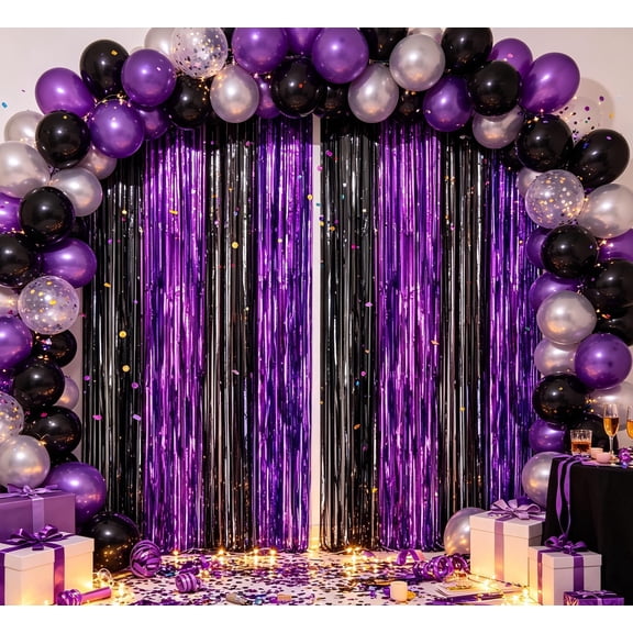 2 Pack Black Purple Metallic Tinsel Foil Fringe Backdrop Door Streamers | Birthday Halloween Graduation Bridal Baby Shower Witch Party Decoration 3.3x6.6ft