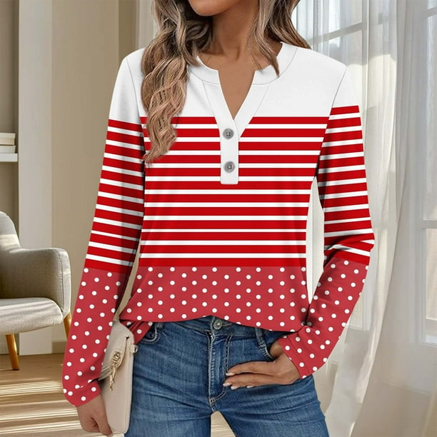 Ailaofu Womens Long Sleeve Tops Fall Button V Neck Graphic Shirts Dressy Casual Henley Tops Women Blouses