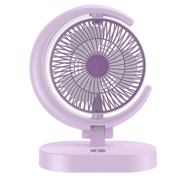 Ventilador de escritorio USB recargable, silencioso, pequeño, portátil, con luz, para el hogar, viajes, oficina, morado