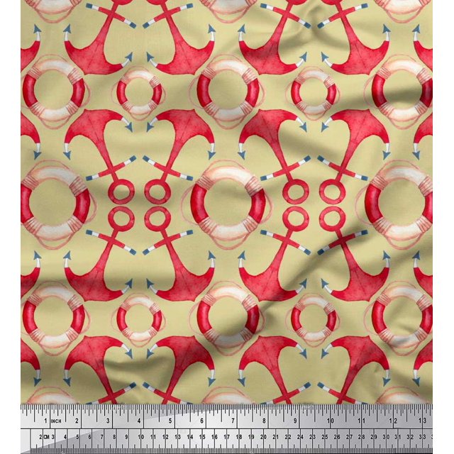 Soimoi Beige Poly Georgette Fabric Life Ring & Anchor Hook Nautical Print Sewing Fabric Yard 52 Inch Wide