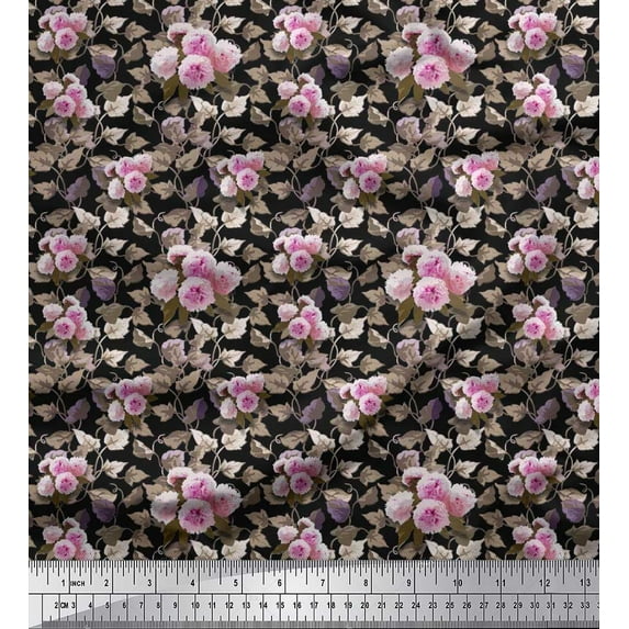 Soimoi Velvet Fabric Leaves & Peony Floral Print Fabric by The Yard 58 Inch Wide