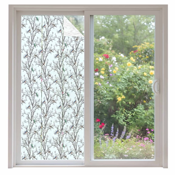 Natural Trees Branches Window Privacy Film, Colored Birds Vintage Rustic Blue Static Cling UV Sun Blocking Heat Control Window Tint Day and Night, Non-Adhesive One Way Privacy Cover 35.4''x78.7''