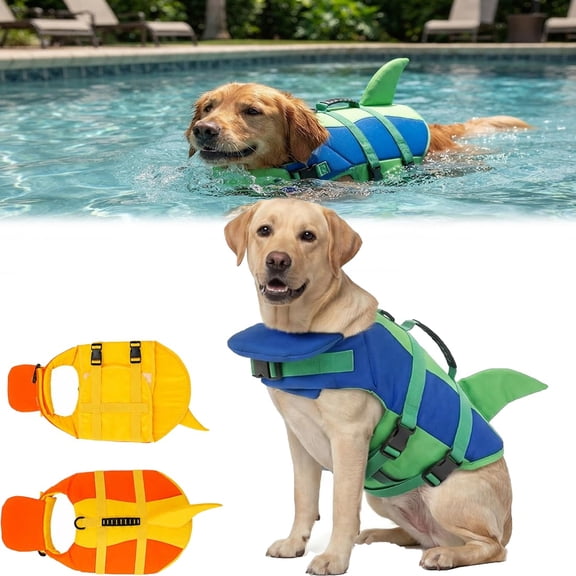 Dog Swim Vest with Chin Float, Cute Shark Life Jacket for Small Medium Large Dogs, High-Buoyancy Rescue Handle for Pool Lake Boating
