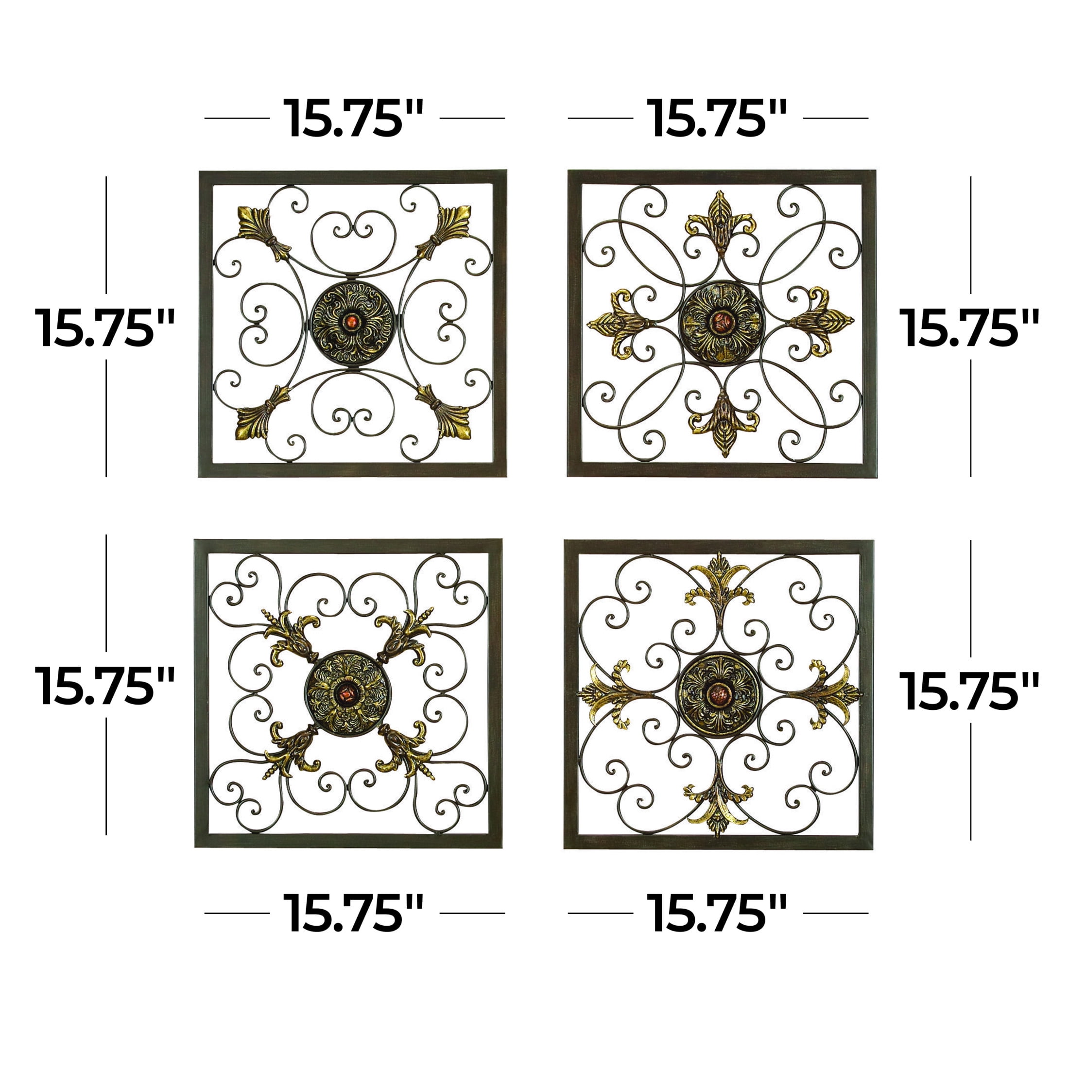 DecMode Brown Metal Wire Scroll Fleur De Lis Wall Decor with Gold Accents (4 Count)