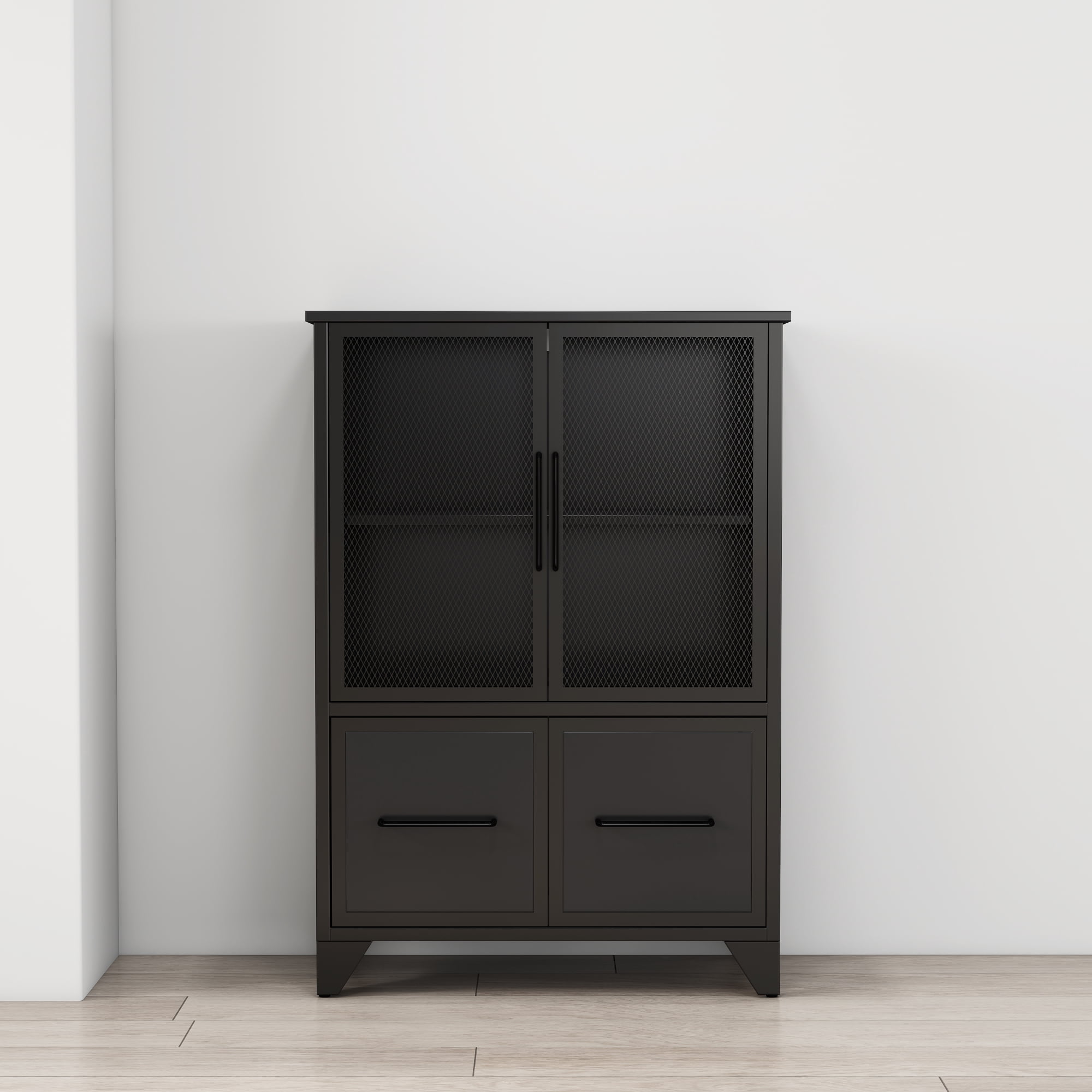 Storage Cabinet,3-Tier Farmhouse Kitchen Sideboard With Adjustable Shelf & 4 Iron Doors for Living Room,Kitchen,Black
