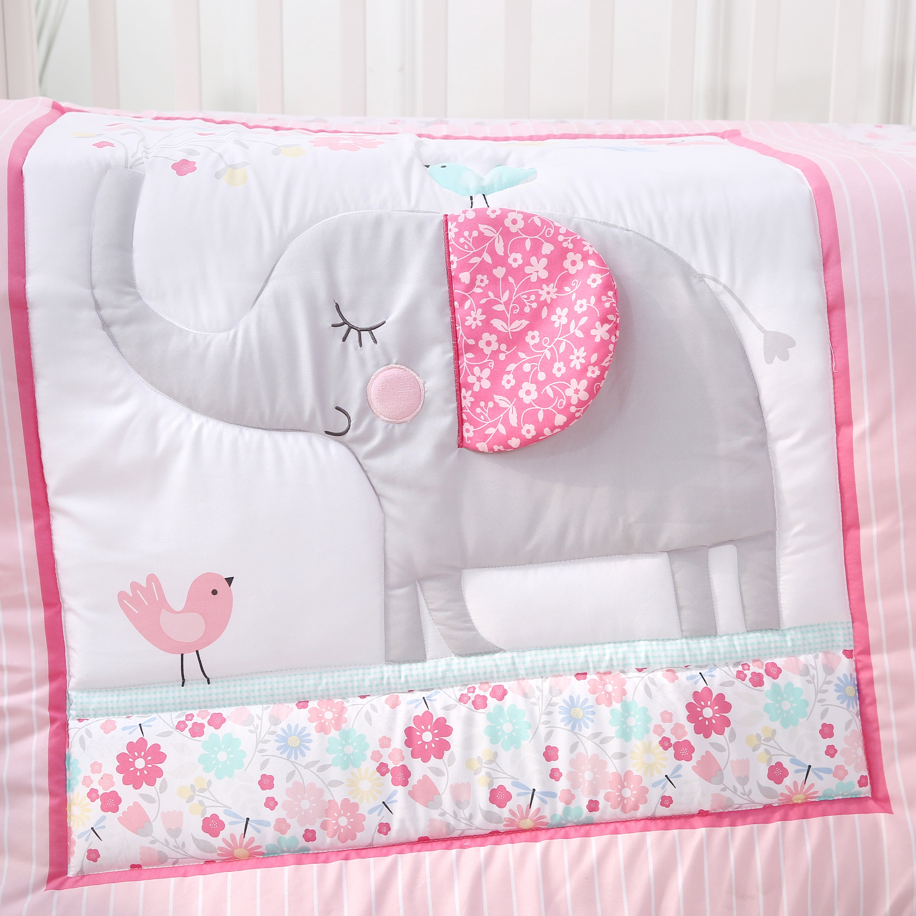 Sweet Baba Belle Elephant 3 PC Crib Bedding Set, Pink Crib Set for Baby Girls