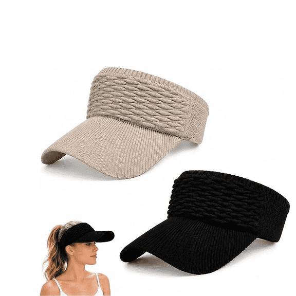 2PCS Women's High Ponytail Sun Visor Hat Knitted Breathable Wide Brim UV Protection Cap for Running Hiking Beach(xxw)