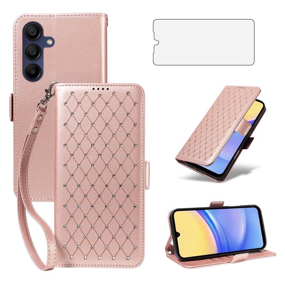 Asuwish Samsung Galaxy A15 Wallet Case, matte Leather Flip Cover with Wrist Strap, 3 Card Holder Slots, Kickstand & Shockproof – Beige