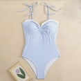 thumbnail image 6 of Xdegoge One Piece Swimsuits for Women Sweetheart Neck Tie Shoulder Straps Ruffle Trim Striped Ruched Tummy Control Bathing Suits Summer Vacation Pool, 6 of 7
