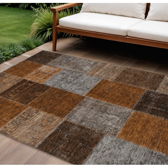 10' X 14' Orange And Taupe Patchwork Washable Indoor Outdoor Area Rug