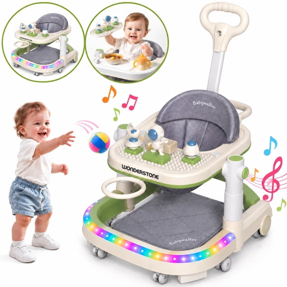 WonderStone 7-in-1 Baby Walker, Foldable Baby Activity Center with Mini Basketball Hoop, Music & Lights, Baby Bouncer Jumper Learning Toy for Boys and Girls Ages 6–12 Months (Green)