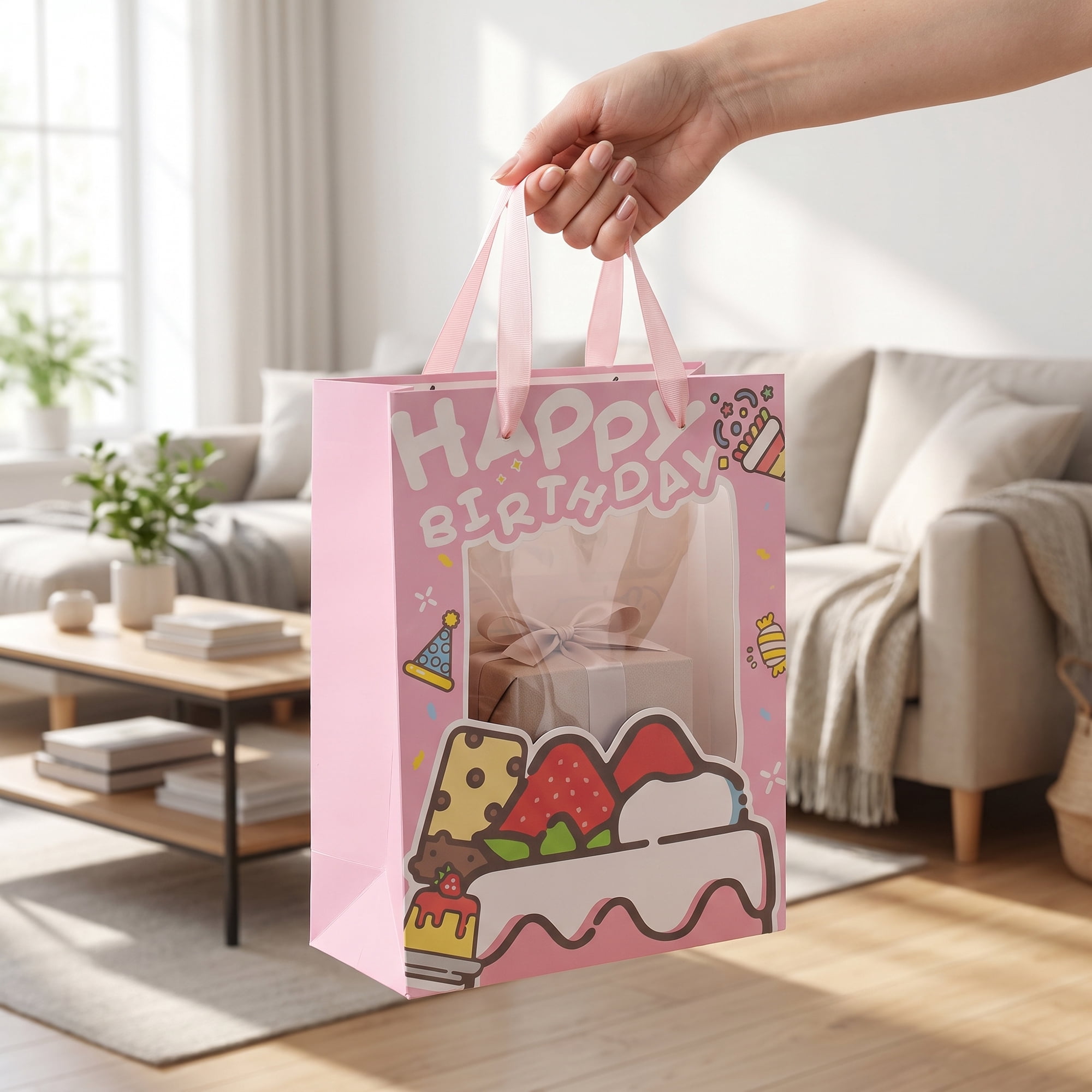 Unique Bargains 6Pcs Colorful Cartoon Gift Bags Pink 9.8" x 4.7" x 13"