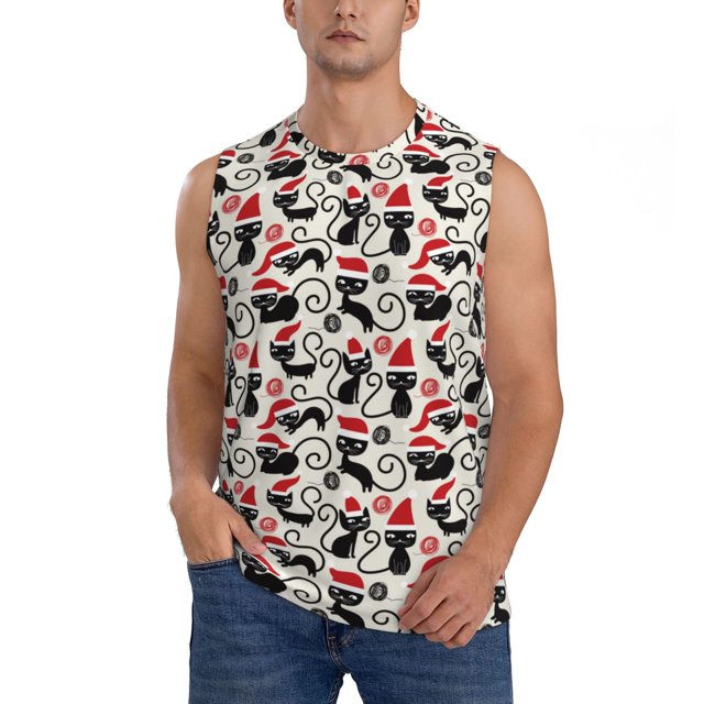Balery Christmas Cat Camisetas sin mangas para hombre, absorbe la humedad y protege contra el mal olor.-Small