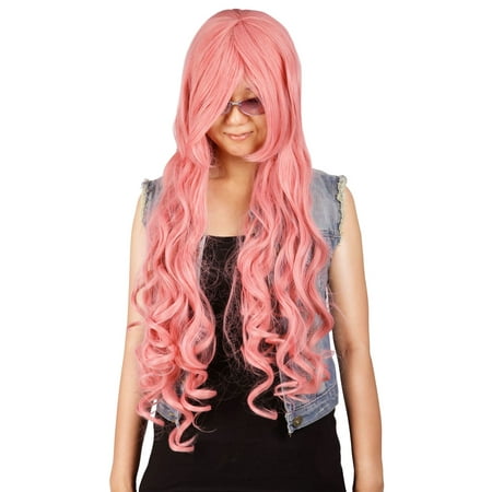 Simplicity Girls Extra Long Cosplay Halloween Wig Curls Side Bangs, Pink