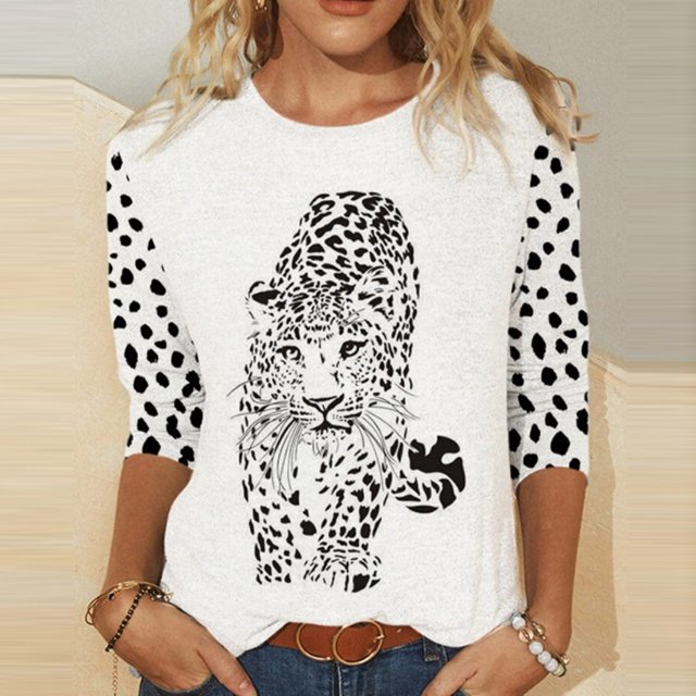 Puntoco - Camiseta holgada con estampado de moda para mujer, blusa de manga 3/4 de longitud media, cuello redondo, tops casuales Puntoco Puntoco-3489