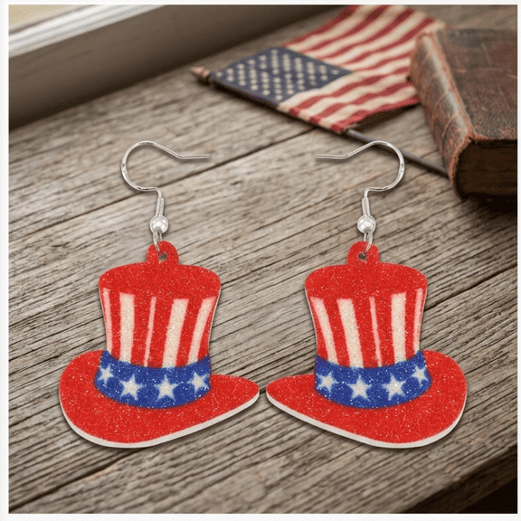 OCCOKO Patriotic Independence Day Earrings For Women Glitter 4th Of July Dangle Earrings Set Red White And Blue American Flag Star Hat Butterfly & Drop Earrings For Memorial Day, A