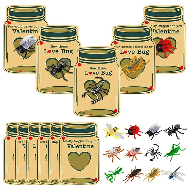 30 Pcs Cartes de la Saint-Valentin pour Enfants Cartes de Vœux Amour Insecte avec Différents Jouets Insectes en Vrac Cartes d'Échange de Cadeaux pour Filles Garçons Prix de Classe École Fête