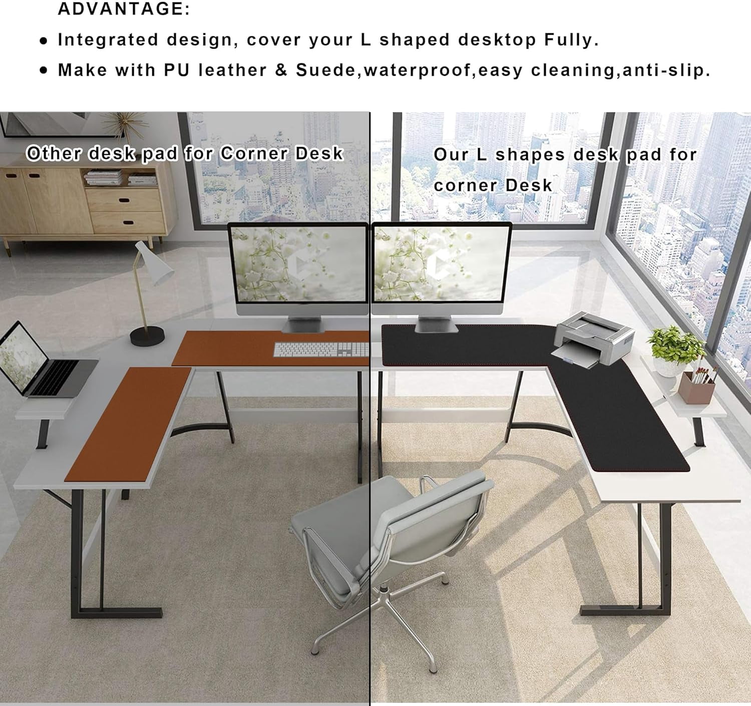 L-Shaped Gaming Desk Mat Mouse pad, Computer Corner Desk Pad, 47" Home Office Writing Desk Pad Protector, Large Waterproof PU Leather Corner Mousepad - Black, (120+120) x40cm