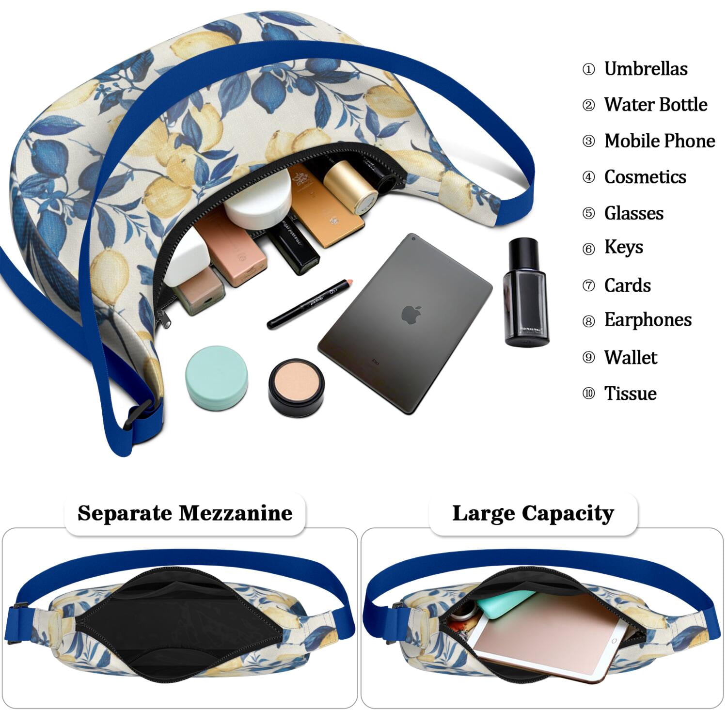 Fresh Lemon Floral Print Crossbody Tote Bag for Women, Summer Fruit Shoulder Purse, Lightweight & Water-Resistant Hobo Handbag, Large Capacity for Daily Use