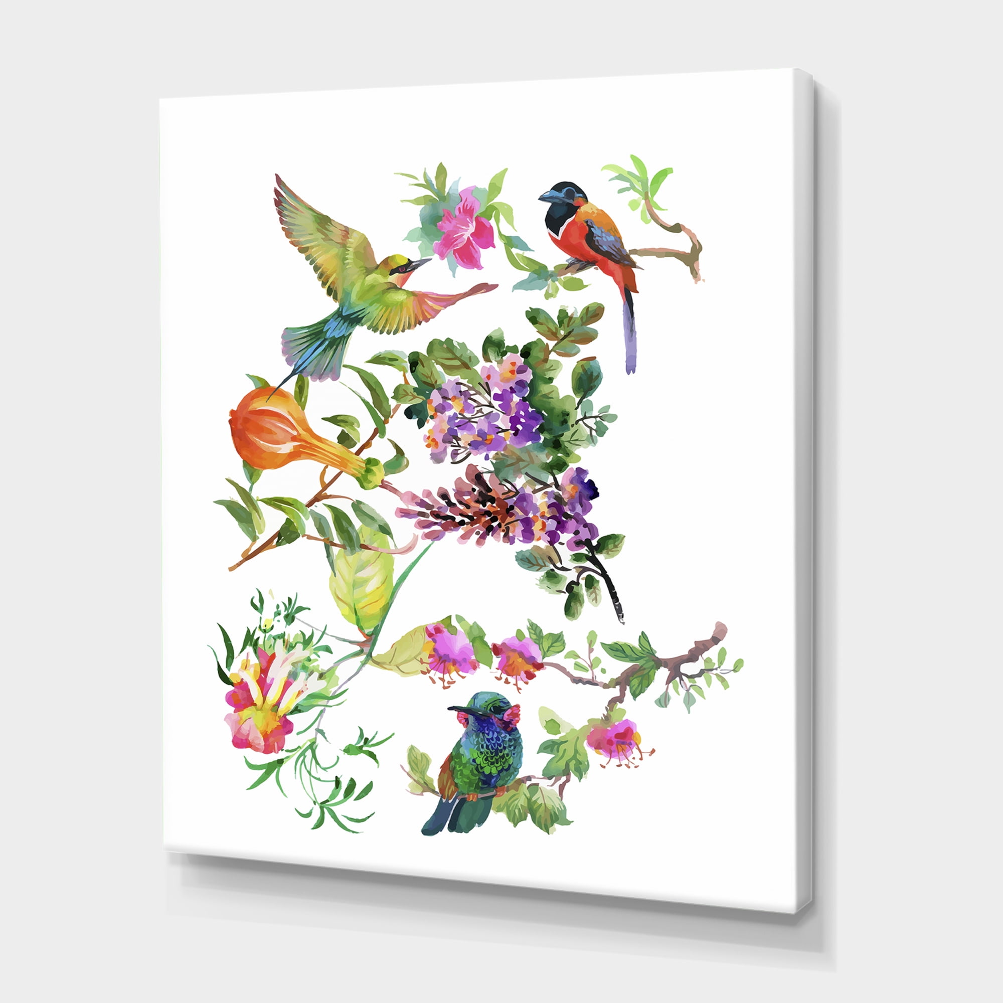 Designart ' Colourful Birds and Tropical Flowers II ' Traditional Canvas Wall Art Print