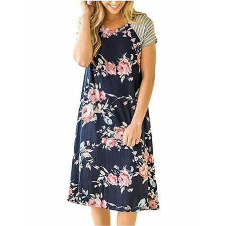 - Floral Print Short Sleeve Casual Dress Summer Women Bohemian Bench Wear