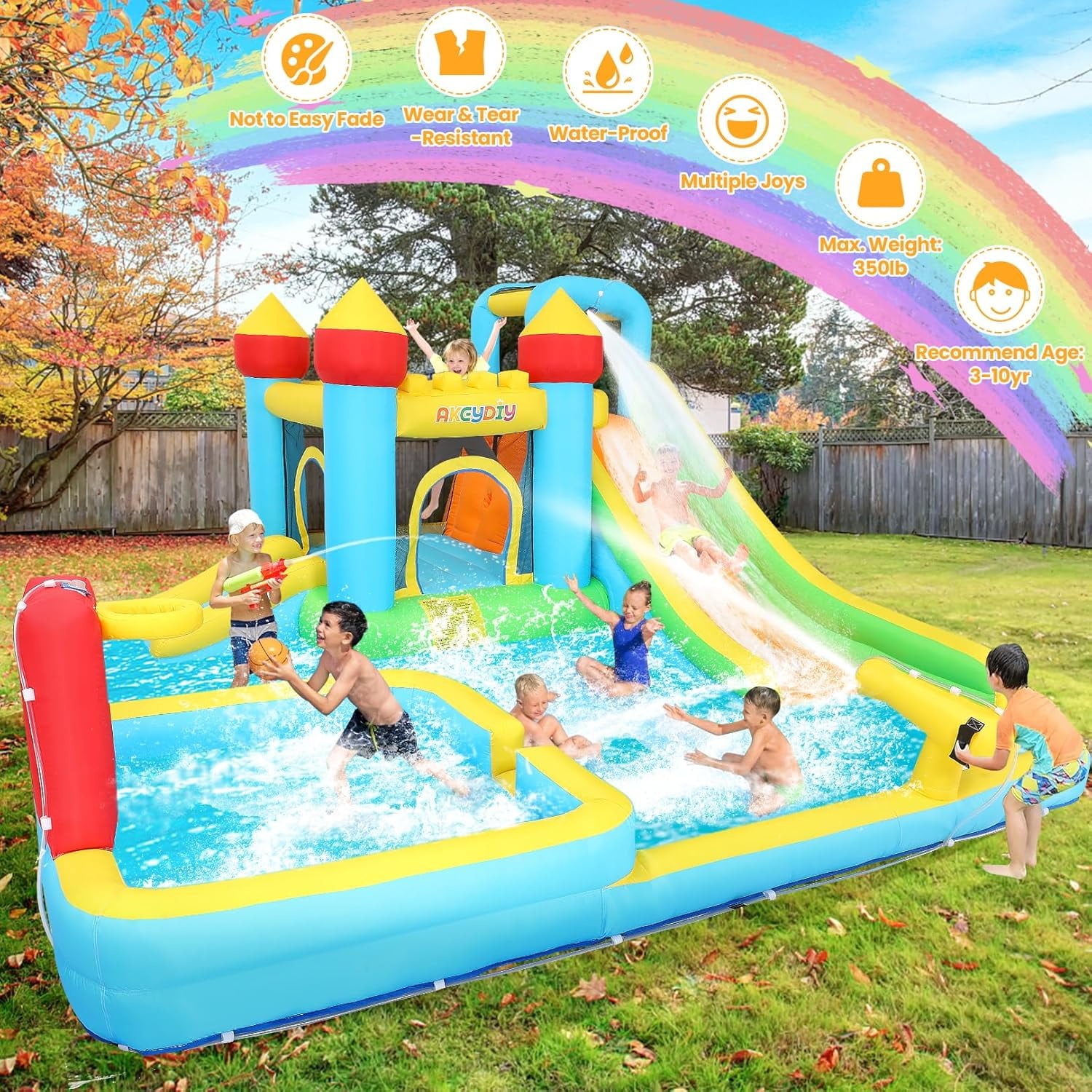Veeboto 6-in-1 Water Slide with 550W Blower, Inflatable Bounce House with Climbing Wall, 2 Inflatable Slides, Basketball Hoop, Deep Pool, Bounce Zone for Kids, Indoor Backyard Party