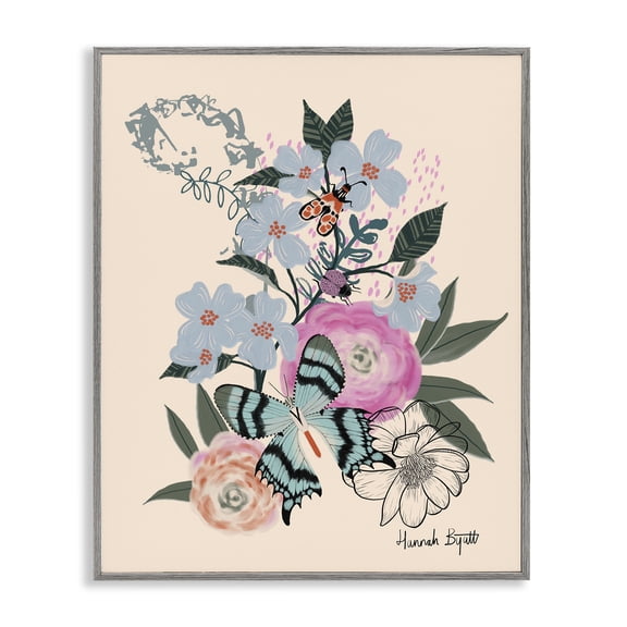 Stupell Industries Modern Pastel Flowers & Butterfly Gray Framed Giclee Art, 11 x 14, by Hannah Byatt