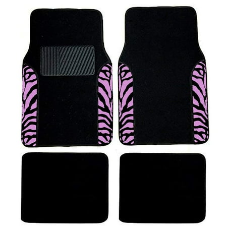 A Set of 4 Universal Fit Plush Carpet with Animal Print Floor Mats For Cars / Trucks (Pink Zebra)