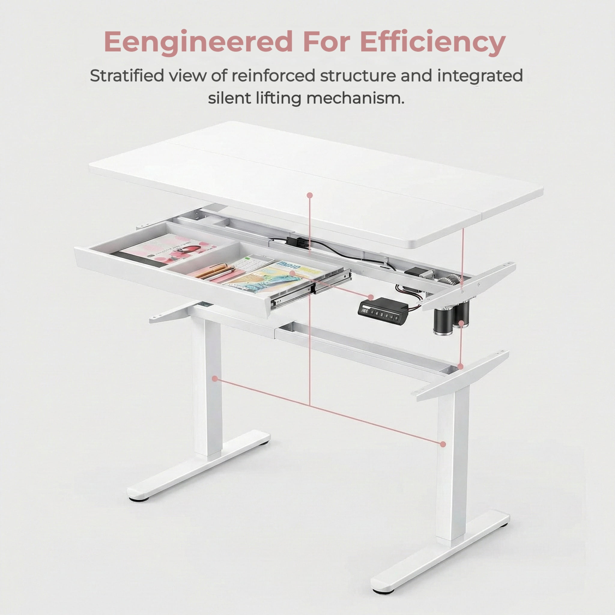 Kyspho Electric Standing Desk with Built-in Drawer, 48" x 24" Adjustable Height Computer Desk, 4 Memory Presets for Home Office, White