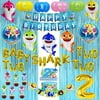 Baby Shark 2nd Birthday Decorations, Baby Shark Two Two Two, Shark Family Foil Balloons, Banner, Cake Topper, Blue Foil Curtains for Boy Girl Ocean Themed Party Supplies