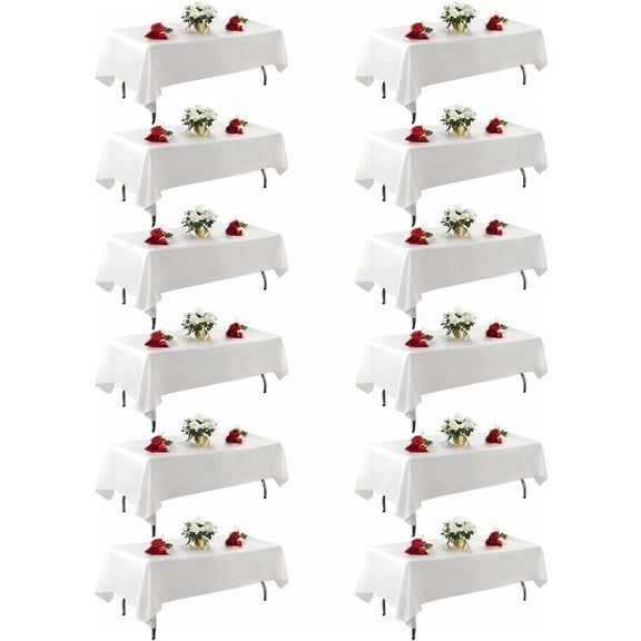 KUOGO 12 Pack 60 x 102 Inch White Tablecloth, Polyester Table Cloth for 6 Foot Rectangle Tables, Wrinkle Resistant Washable Decorative Fabric Table Covers for Wedding Party Banquet Buffet and Camping