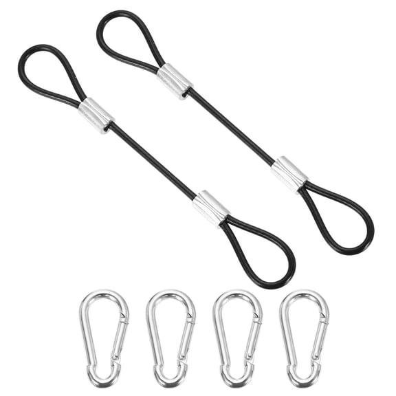 Uxcell 4 Inch Safety Cable Lock, 2 Pcs 304 Stainless Steel Security Wire Ropes Double Loop Anti-Theft Safety with 4 Spring Buckles for Bicycles Luggage Stage Lighting, Black
