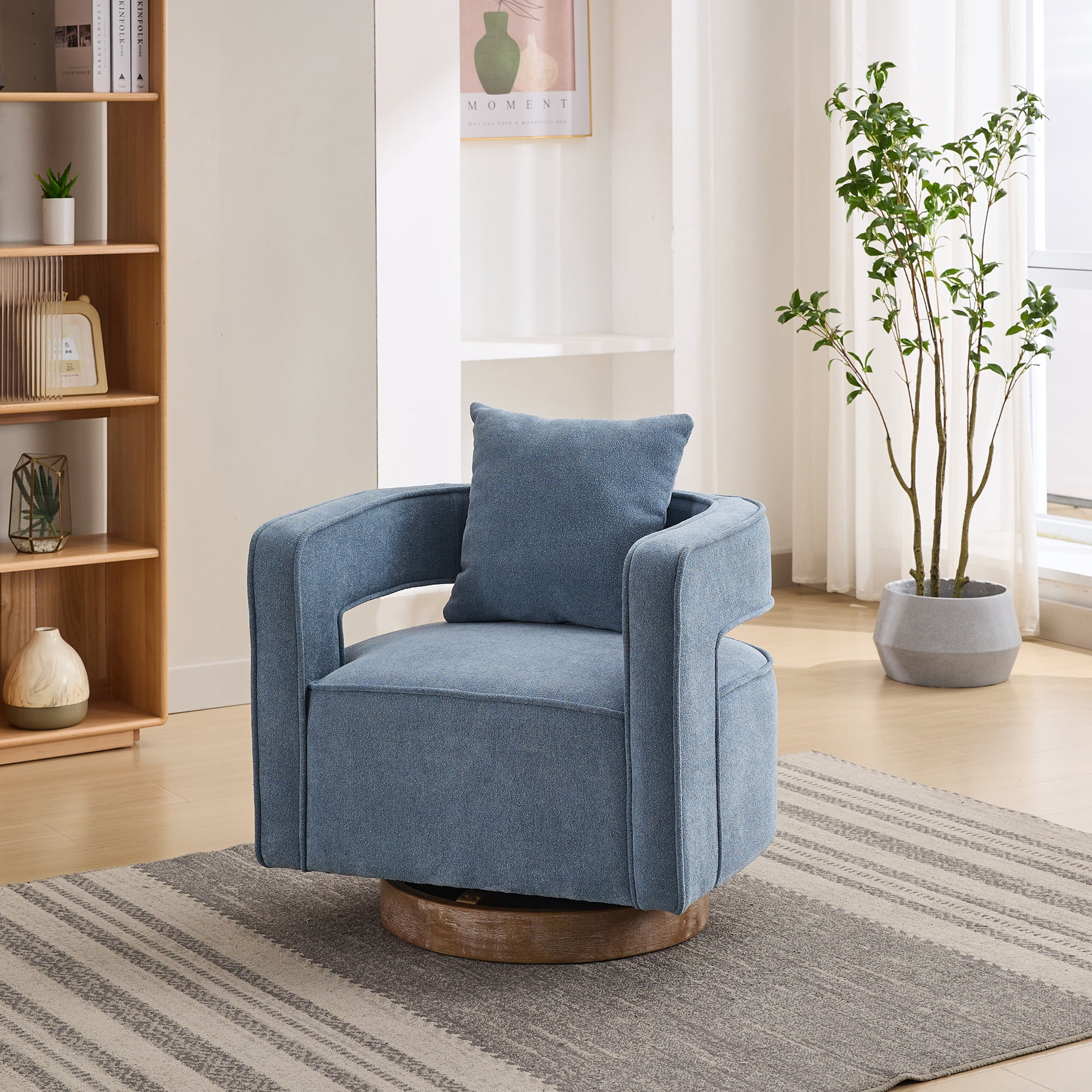 Leumius Swivel Accent Chair with Open Back,Modern Single Sofa Chair With Weathered Base for Nursery Bedroom Living Room Hotel Office, Club Chair Leisure Arm Chair for Lounge,Blue Linen Blend
