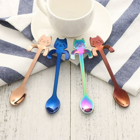 

1/2pcs Cute Cat Long Handle Hanging Spoon Coffee Milk Stainless Steel Spoon Flatware Kitchen Tools Kids Gifts