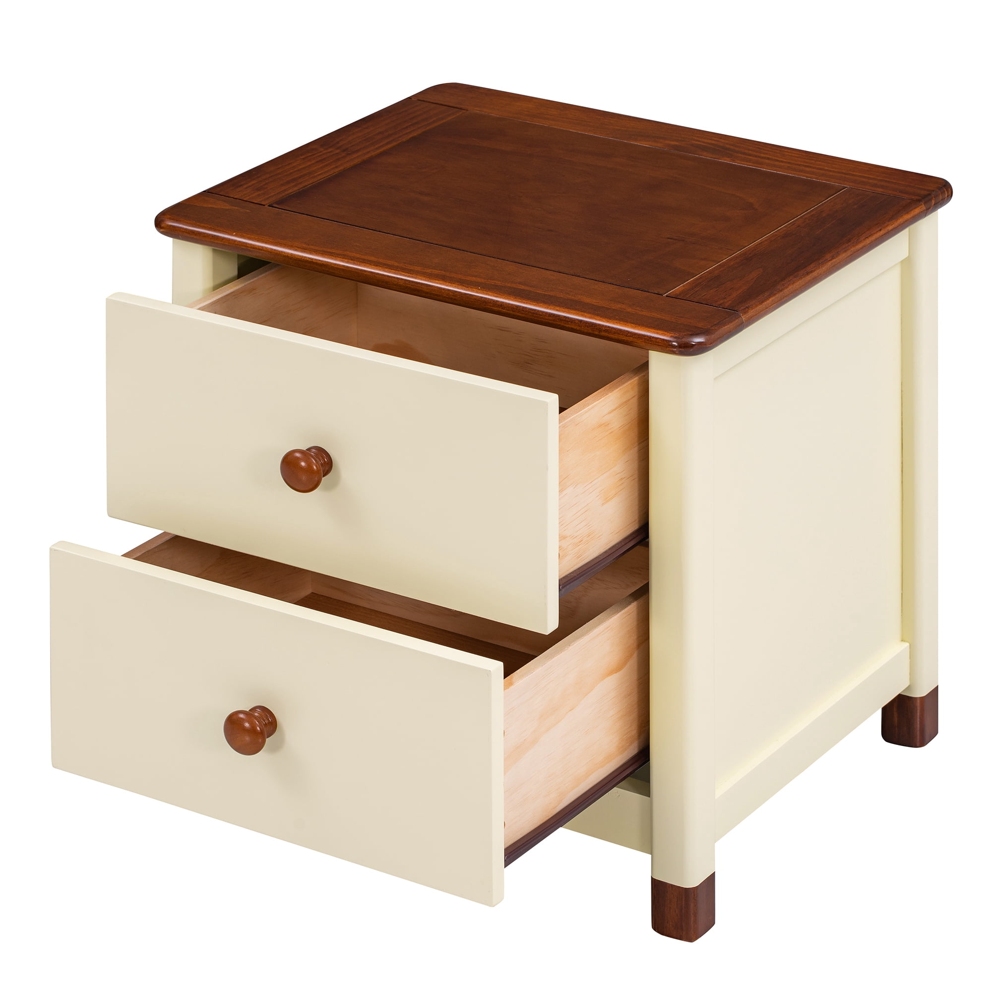 EUROCO Wooden Nightstand with Two Drawers for Kids, Pine Wood Bedside Table,  Cute Design End Table for Bedroom,Cream+Walnut