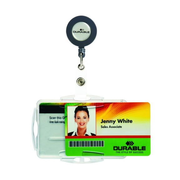 DURABLE Open Face Style ID Badge Holders for Two Badges with Retractable Reel, Horizontal Or Vertical Orientation, 2-3/4" x 3-5/8", Clear, Pack of 10 (821919)