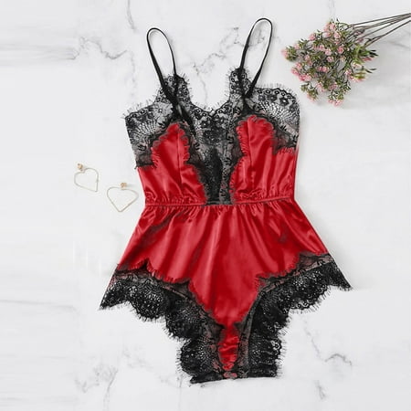 Xysaqa Women Lingerie  One-Piece Silk Babydolls Bodysuit  Satin Lace Trim Deep V Neck Body Suit  Women s Teddy Nightwear